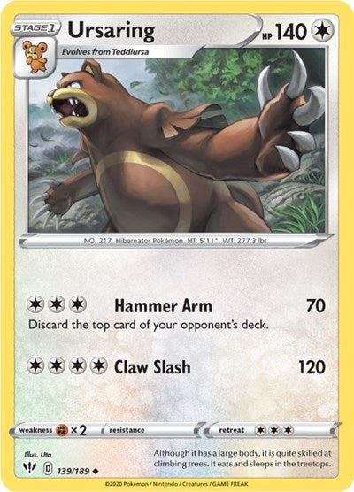 Pokémon card: Ursaring 139/189 from Darkness Ablaze (Uncommon), Colorless type, front of card