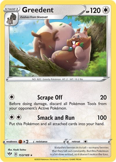 Pokémon card: Greedent 153/189 from Darkness Ablaze (Rare), Colorless type, front of card