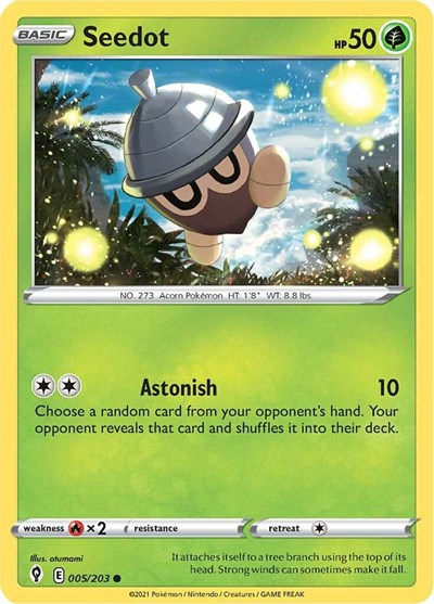 Pokémon card: Seedot 005/203 from Evolving Skies (Common), Grass type, front of card