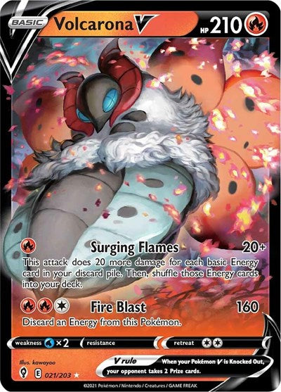 Pokémon card: Volcarona V 021/203 from Evolving Skies (Ultra Rare), Fire type, front of card