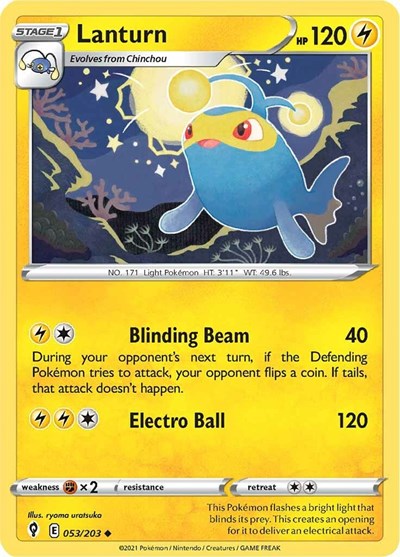 Pokémon card: Lanturn 053/203 from Evolving Skies (Uncommon), Lightning type, front of card