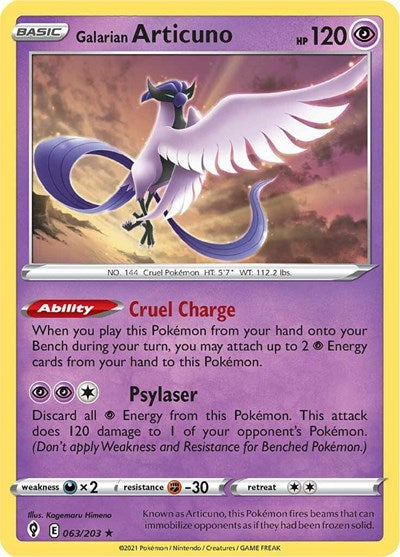 Pokémon card: Galarian Articuno 063/203 from Evolving Skies (Holo Rare), Psychic type, front of card