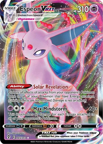 Pokémon card: Espeon VMAX 065/203 from Evolving Skies (Ultra Rare), Psychic type, front of card