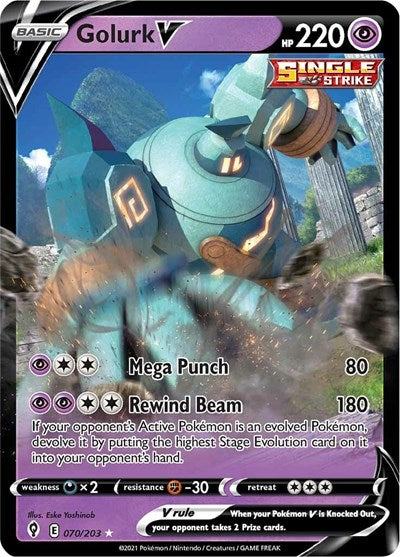 Pokémon card: Golurk V 070/203 from Evolving Skies (Ultra Rare), Psychic type, front of card