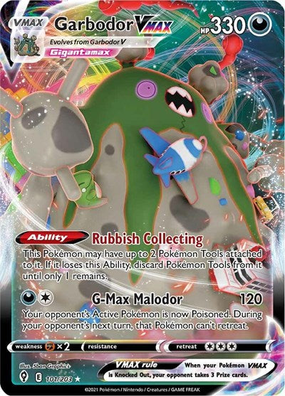 Pokémon card: Garbodor VMAX 101/203 from Evolving Skies (Ultra Rare), Darkness type, front of card