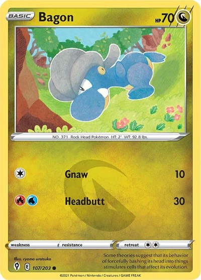 Pokémon card: Bagon 107/203 from Evolving Skies (Common), Dragon type, front of card