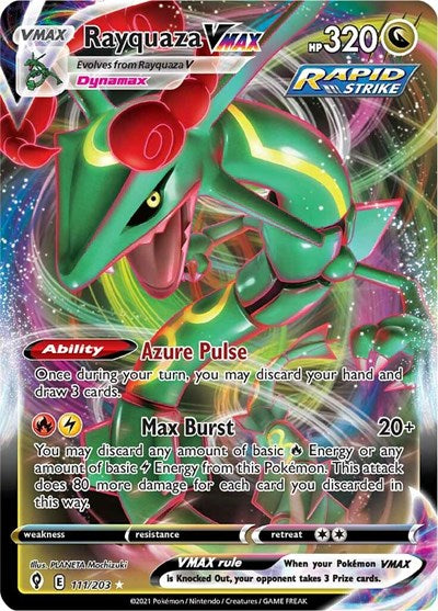 Pokémon card: Rayquaza VMAX 111/203 from Evolving Skies (Ultra Rare), Dragon type, front of card