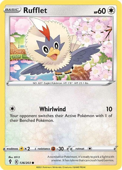 Pokémon card: Rufflet 136/203 from Evolving Skies (Common), Colorless type, front of card