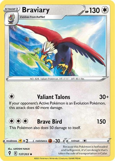 Pokémon card: Braviary 137/203 from Evolving Skies (Uncommon), Colorless type, front of card