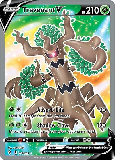 Pokémon card: Trevenant V (Full Art) 168/203 from Evolving Skies (Ultra Rare), Grass type, front of card