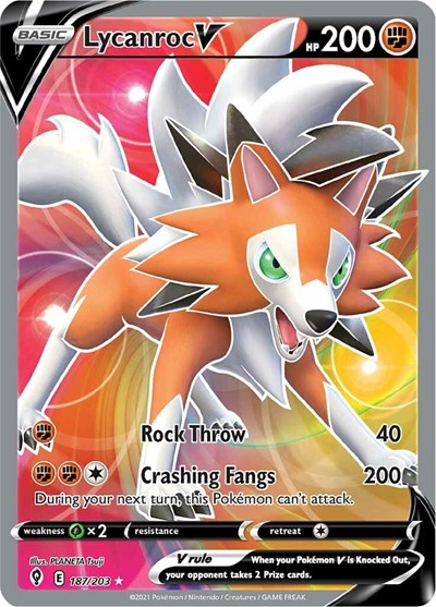Pokémon card: Lycanroc V (Full Art) 187/203 from Evolving Skies (Ultra Rare), Fighting type, front of card