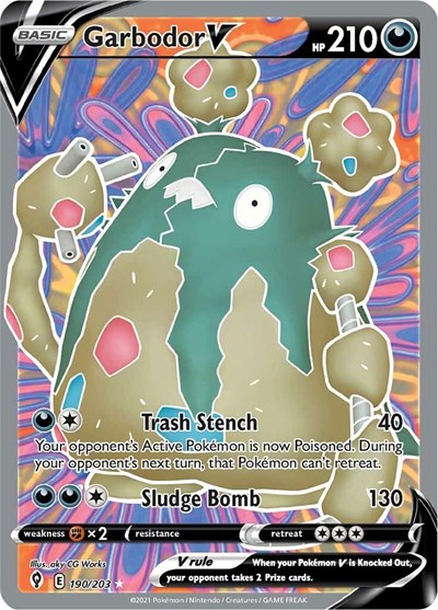 Pokémon card: Garbodor V (Full Art) 190/203 from Evolving Skies (Ultra Rare), Darkness type, front of card