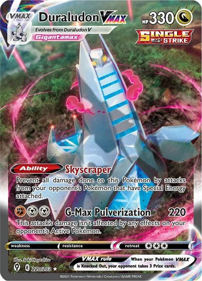 Pokémon card: Duraludon VMAX (Alternate Art Secret) 220/203 from Evolving Skies (Secret Rare), Dragon type, front of card