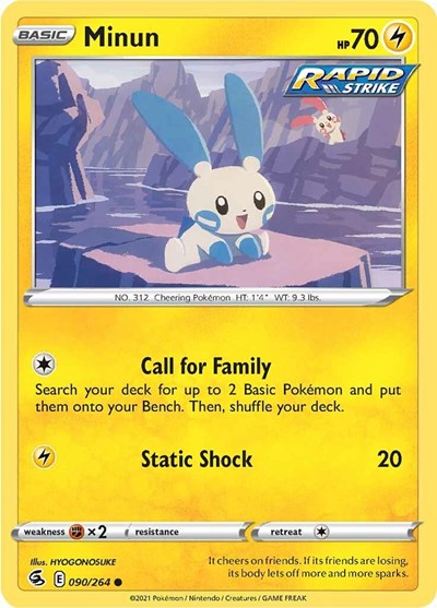 Pokémon card: Minun 090/264 from Fusion Strike (Common), Lightning type, front of card