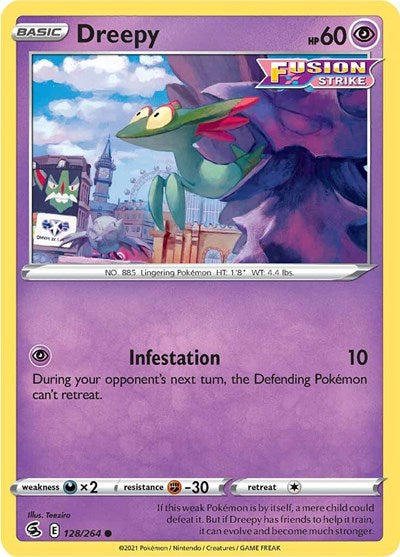 Pokémon card: Dreepy 128/264 from Fusion Strike (Common), Psychic type, front of card