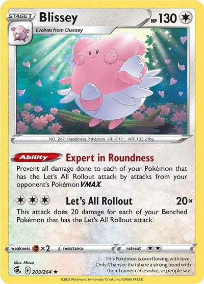 Pokémon card: Blissey 203/264 from Fusion Strike (Rare), Colorless type, front of card