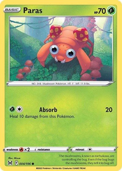 Pokémon card: Paras 004/196 from Lost Origin (Common), Grass type, front of card