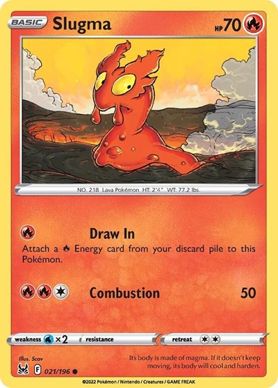 Pokémon card: Slugma 021/196 from Lost Origin (Common), Fire type, front of card