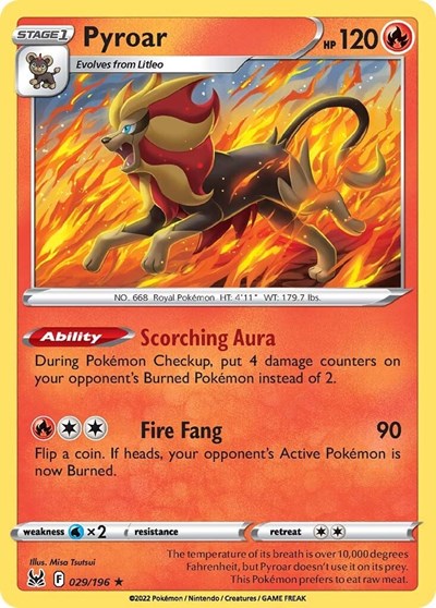 Pokémon card: Pyroar 029/196 from Lost Origin (Holo Rare), Fire type, front of card