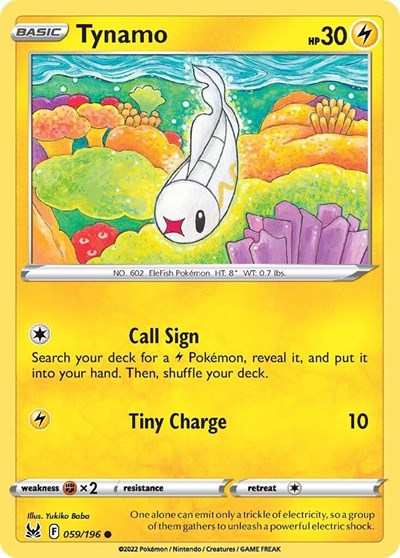 Pokémon card: Tynamo 059/196 from Lost Origin (Common), Lightning type, front of card