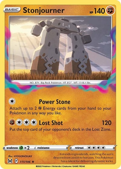 Pokémon card: Stonjourner 111/196 from Lost Origin (Rare), Fighting type, front of card