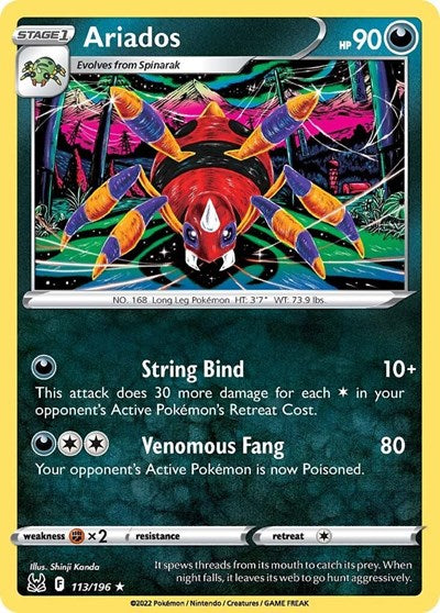 Pokémon card: Ariados 113/196 from Lost Origin (Rare), Darkness type, front of card