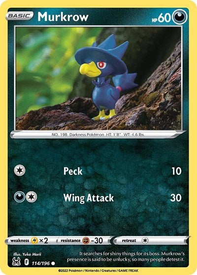 Pokémon card: Murkrow 114/196 from Lost Origin (Common), Darkness type, front of card