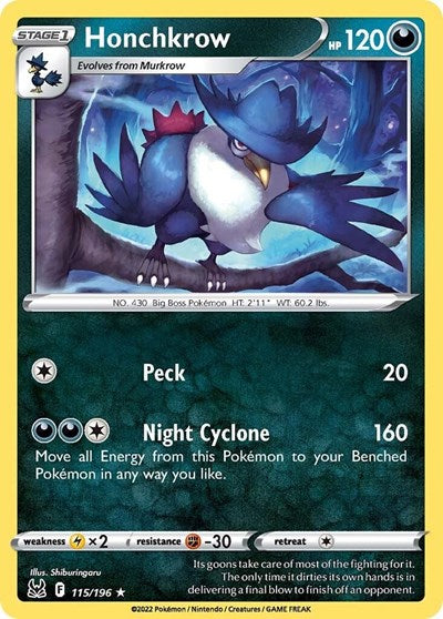 Pokémon card: Honchkrow 115/196 from Lost Origin (Rare), Darkness type, front of card