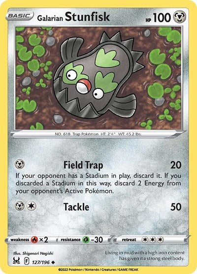 Pokémon card: Galarian Stunfisk 127/196 from Lost Origin (Uncommon), Metal type, front of card
