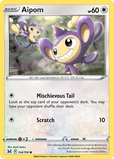 Pokémon card: Aipom 144/196 from Lost Origin (Common), Colorless type, front of card