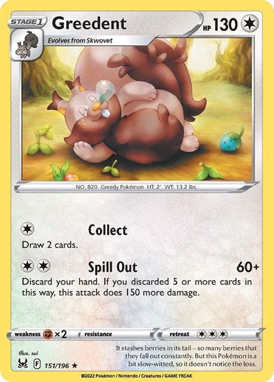 Pokémon card: Greedent 151/196 from Lost Origin (Rare), Colorless type, front of card