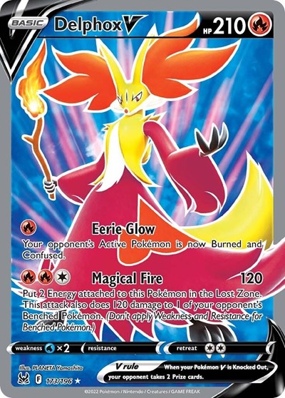 Pokémon card: Delphox V (Full Art) 173/196 from Lost Origin (Ultra Rare), Fire type, front of card