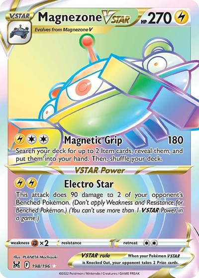 Pokémon card: Magnezone VSTAR 198/196 from Lost Origin (Secret Rare), Lightning type, front of card