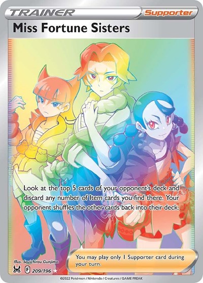 Pokémon card: Miss Fortune Sisters 209/196 from Lost Origin (Secret Rare), front of card