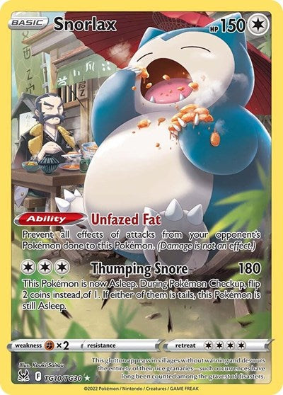 Pokémon card: Snorlax TG10/TG30 from Lost Origin Trainer Gallery (Ultra Rare), Colorless type, front of card