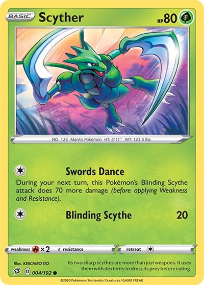 Pokémon card: Scyther 004/192 from Rebel Clash (Common), Grass type, front of card