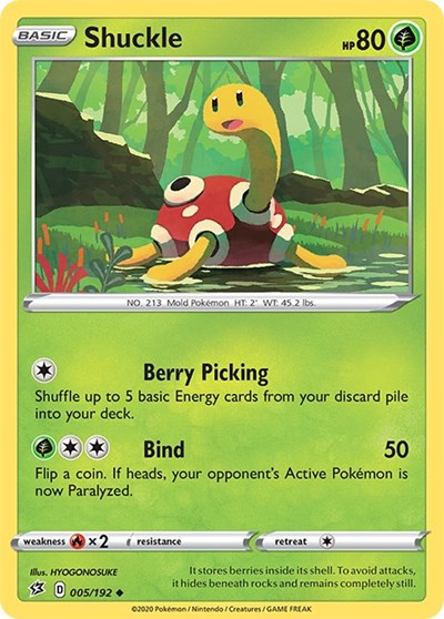 Pokémon card: Shuckle 005/192 from Rebel Clash (Uncommon), Grass type, front of card