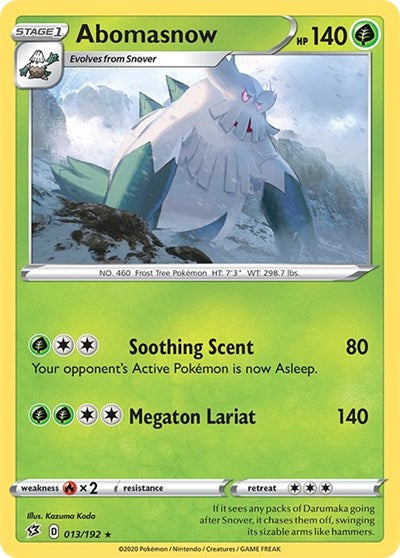 Pokémon card: Abomasnow 013/192 from Rebel Clash (Rare), Grass type, front of card