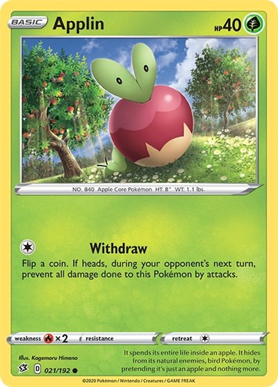 Pokémon card: Applin 021/192 from Rebel Clash (Common), Grass type, front of card