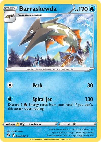 Pokémon card: Barraskewda 053/192 from Rebel Clash (Rare), Water type, front of card