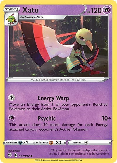 Pokémon card: Xatu 077/192 from Rebel Clash (Uncommon), Psychic type, front of card