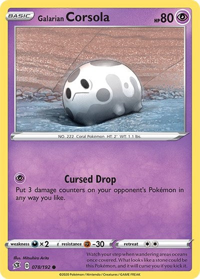 Pokémon card: Galarian Corsola 078/192 from Rebel Clash (Common), Psychic type, front of card
