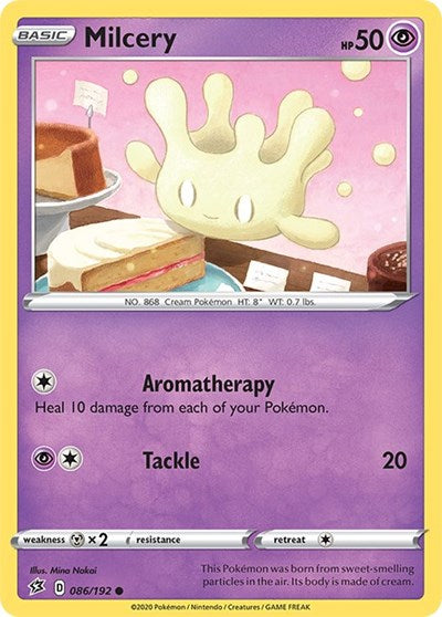 Pokémon card: Milcery 086/192 from Rebel Clash (Common), Psychic type, front of card