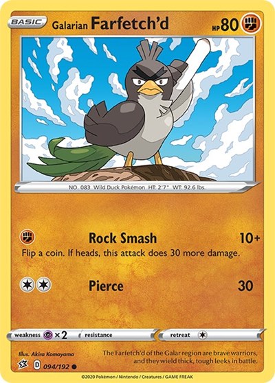 Pokémon card: Galarian Farfetch'd 094/192 from Rebel Clash (Common), Fighting type, front of card