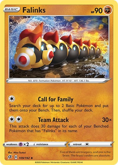 Pokémon card: Falinks 109/192 from Rebel Clash (Uncommon), Fighting type, front of card