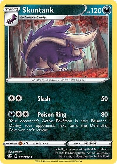 Pokémon card: Skuntank 115/192 from Rebel Clash (Uncommon), Darkness type, front of card
