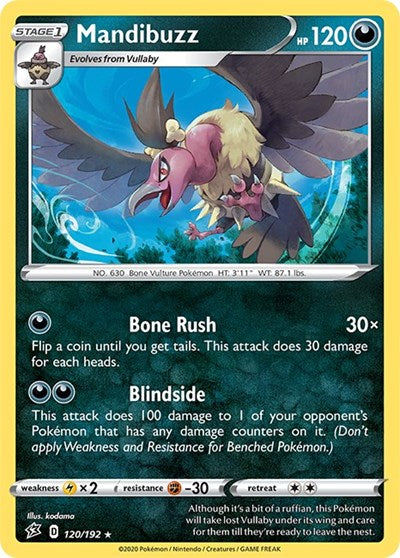 Pokémon card: Mandibuzz 120/192 from Rebel Clash (Rare), Darkness type, front of card