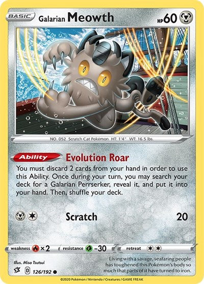 Pokémon card: Galarian Meowth 126/192 from Rebel Clash (Common), Metal type, front of card
