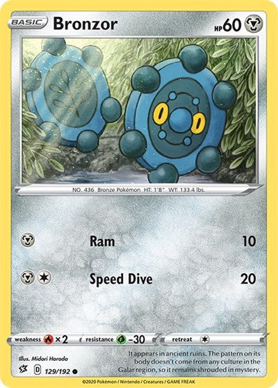 Pokémon card: Bronzor 129/192 from Rebel Clash (Common), Metal type, front of card