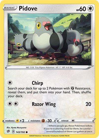 Pokémon card: Pidove 143/192 from Rebel Clash (Common), Colorless type, front of card